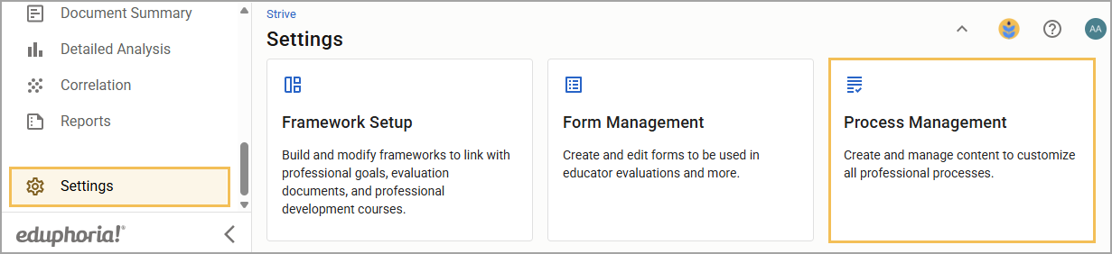Settings menu displaying options for Framework Setup, Form Management, and Process Management.